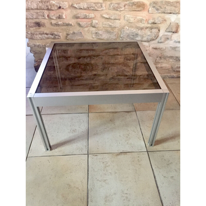 Square vintage coffee table in brushed aluminum and glass, 1970