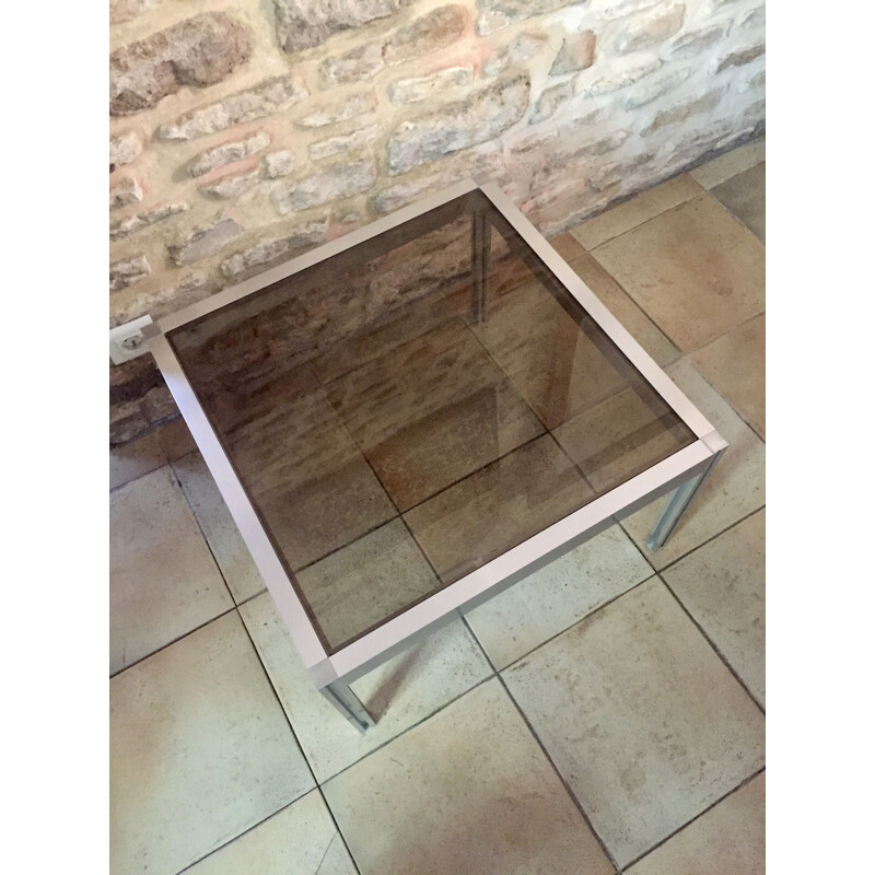 Square vintage coffee table in brushed aluminum and glass, 1970
