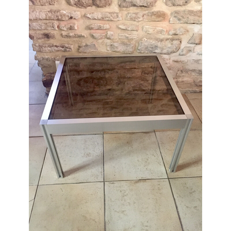 Square vintage coffee table in brushed aluminum and glass, 1970