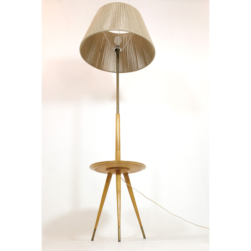 Vintage French tripod floor lamp in light oakwood and brass with shelf, 1950