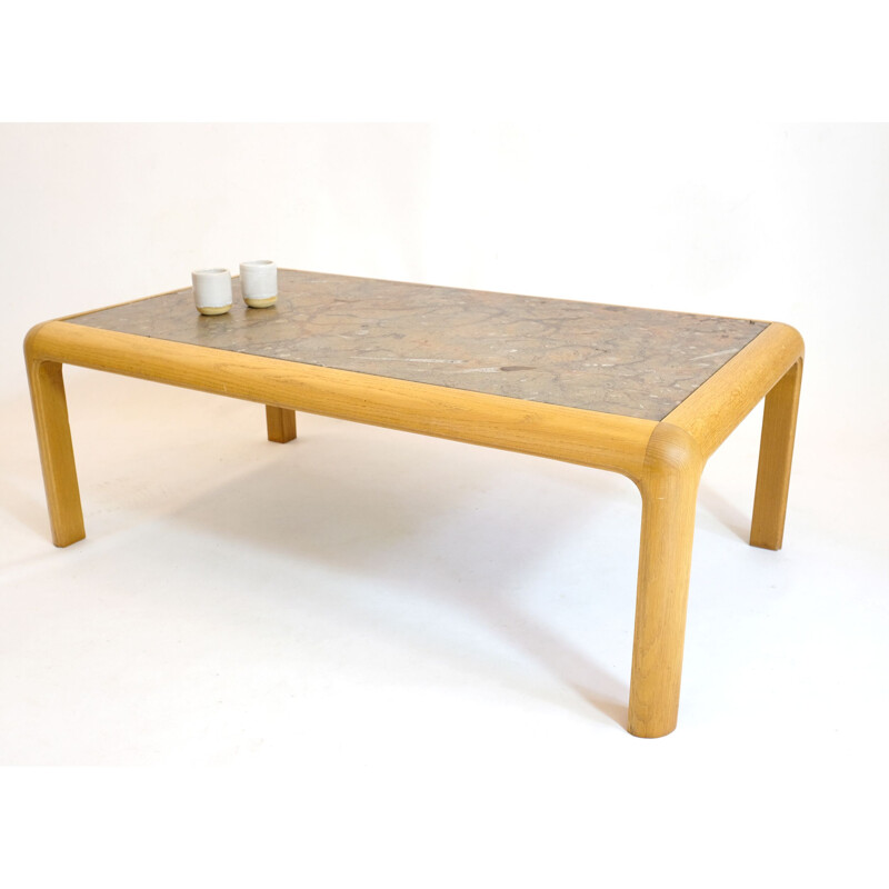 Vintage coffee table in fossil stone and golden oak by Heinz Lilienthal, 1980