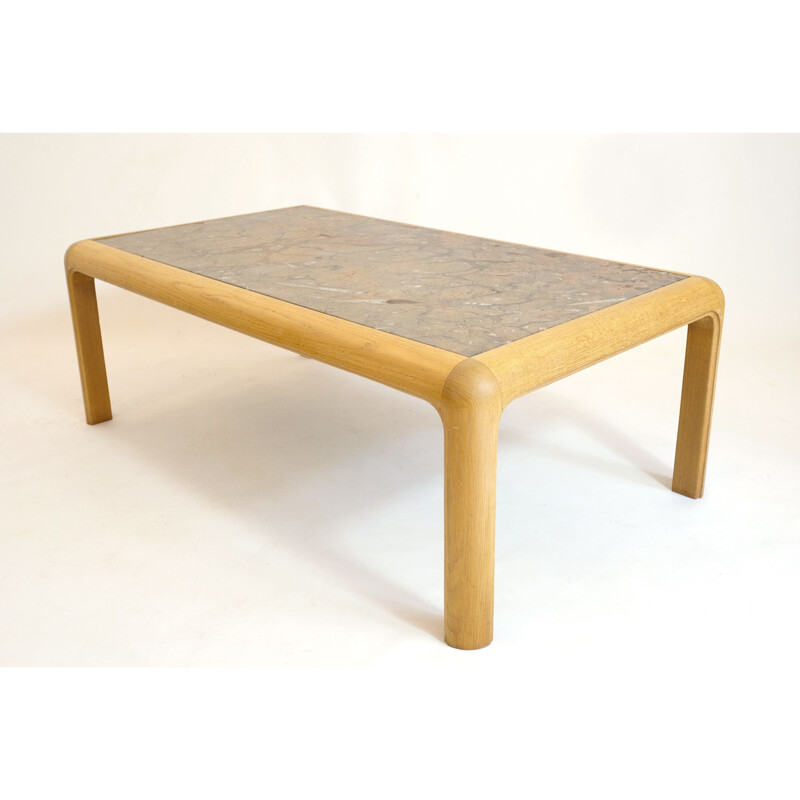 Vintage coffee table in fossil stone and golden oak by Heinz Lilienthal, 1980