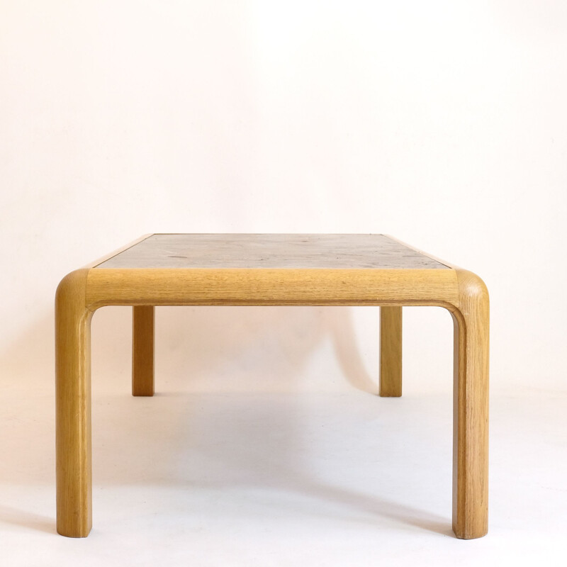 Vintage coffee table in fossil stone and golden oak by Heinz Lilienthal, 1980