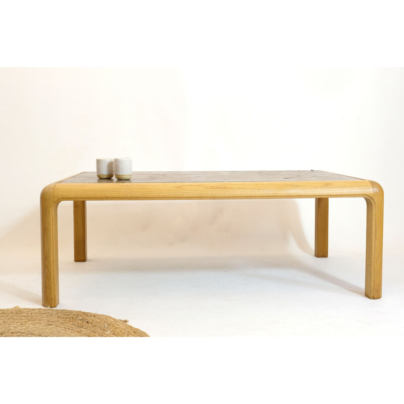 Vintage coffee table in fossil stone and golden oak by Heinz Lilienthal, 1980