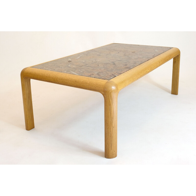 Vintage coffee table in fossil stone and golden oak by Heinz Lilienthal, 1980