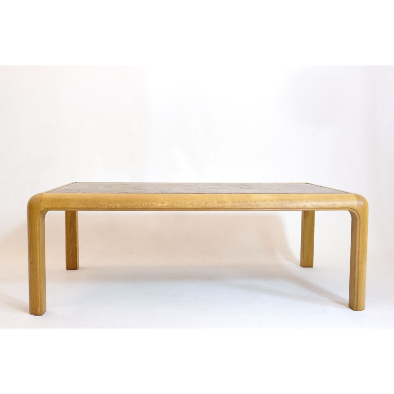 Vintage coffee table in fossil stone and golden oak by Heinz Lilienthal, 1980