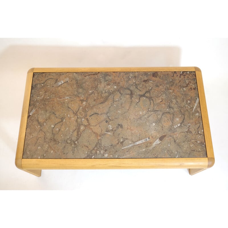 Table basse vintage en pierre fossile et chêne doré par Heinz Lilienthal, 1980