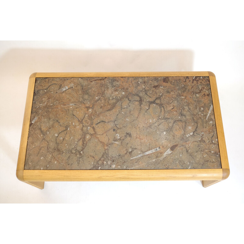 Vintage coffee table in fossil stone and golden oak by Heinz Lilienthal, 1980