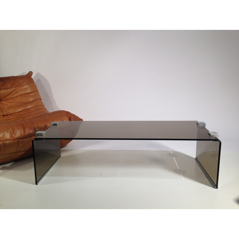Vintage coffee table in glass and brushed aluminum, 1970