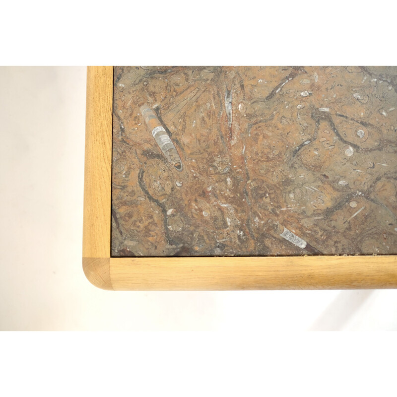 Table basse vintage en pierre fossile et chêne doré par Heinz Lilienthal, 1980
