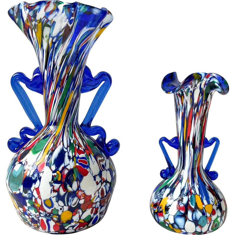 Pair of vintage blue glass vases from Murano Fratelli Toso, Italy 1930s