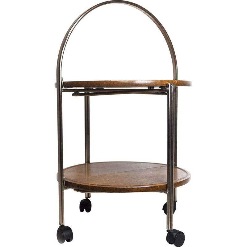 Vintage folding serving cart in oak and chrome, Germany 1960