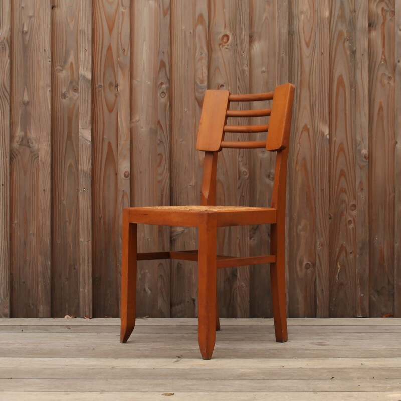 Chaise vintage en bois et paille par Pierre Cruege