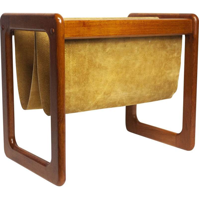 Vintage suede and teak danish magazine rack, Denmark 1960s