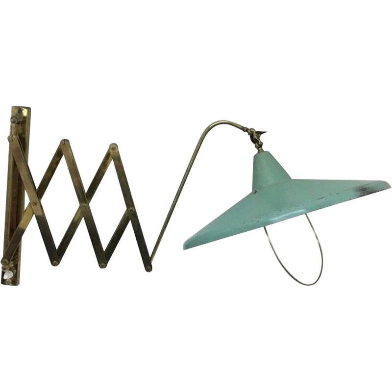 Lampe à ciseaux vintage italienne en laiton et métal peint en vert, 1950s