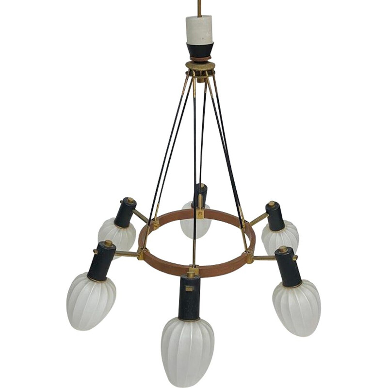 Mid-century modern brass teak and glass italian chandelier, 1960s