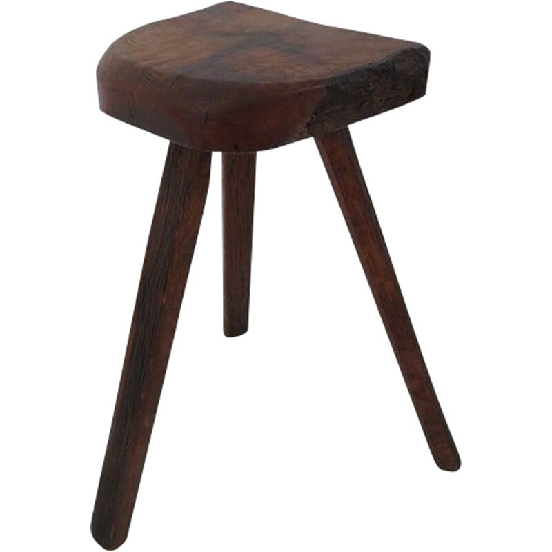 Tabouret tripode vintage brutaliste en olivier et en chêne, 1960