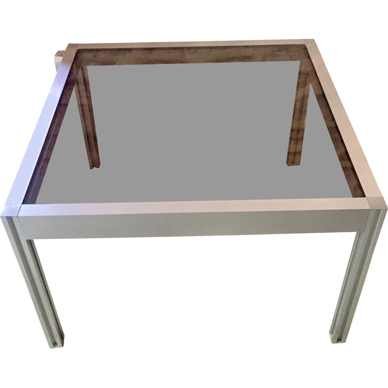 Square vintage coffee table in brushed aluminum and glass, 1970