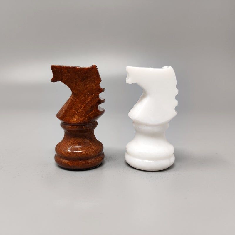 Vintage Prodotti brown and white chess set in volterra alabaster handmade, Italy 1970s