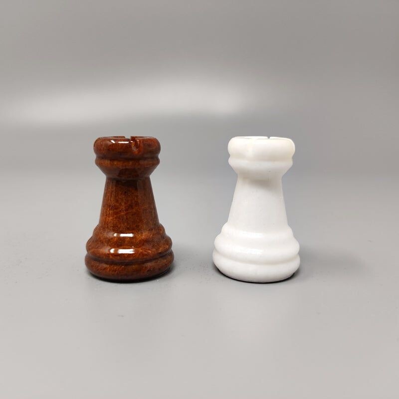 Vintage Prodotti brown and white chess set in volterra alabaster handmade, Italy 1970s