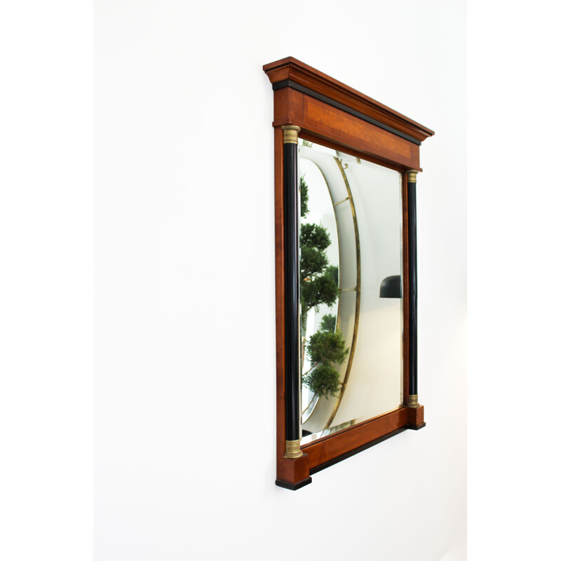Art Deco vintage wooden mirror with black lacquered columns, Italy 1940s