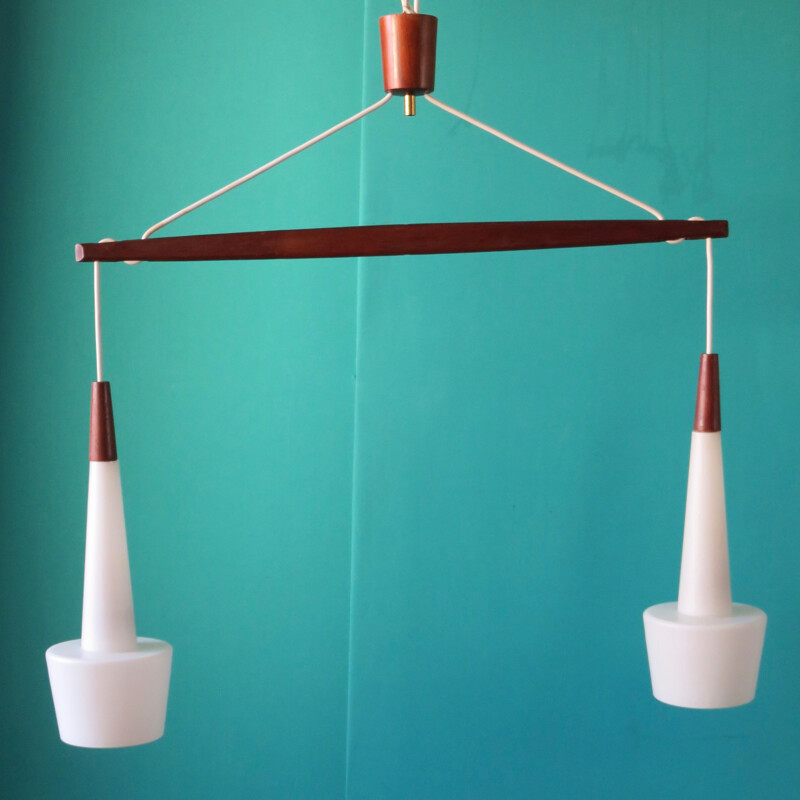 Danish hanging lamp in teak and opaline glass - 1960s