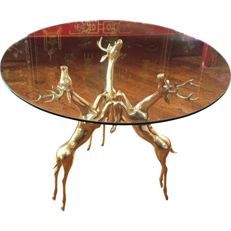 Circular coffee table with brass deer base - 1970s