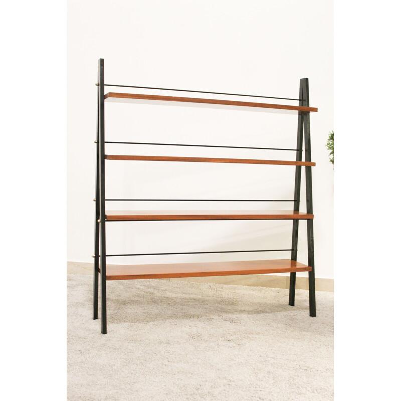 Scandinavian vintage teak and iron ladder shelves, Italy 1950s