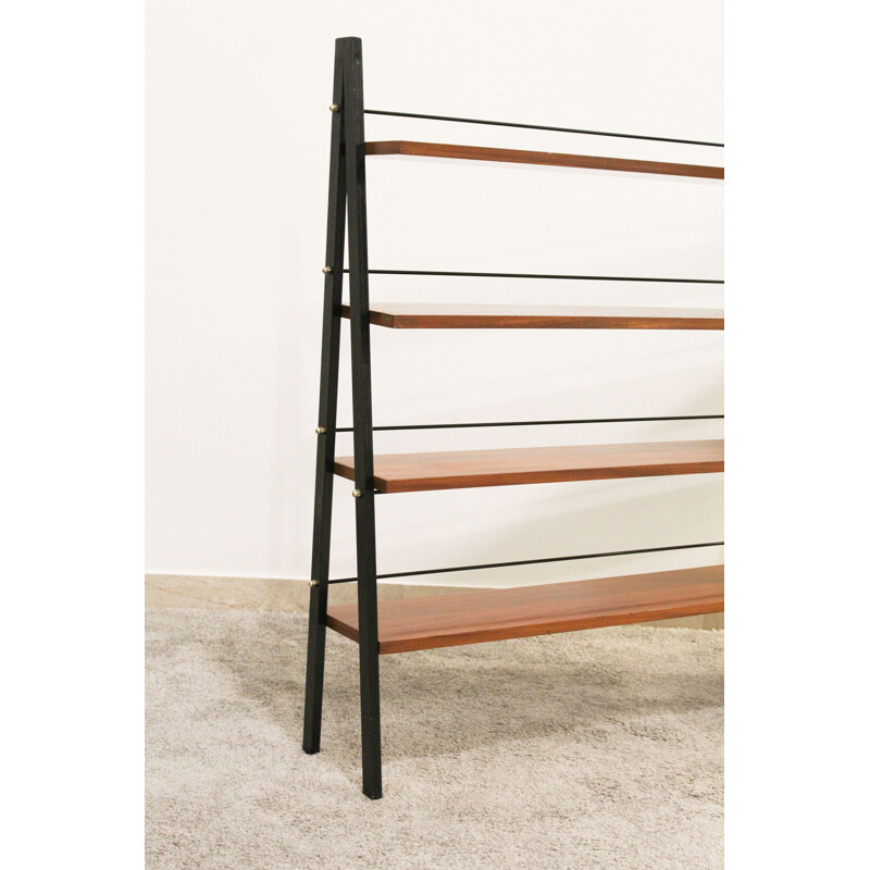 Scandinavian vintage teak and iron ladder shelves, Italy 1950s