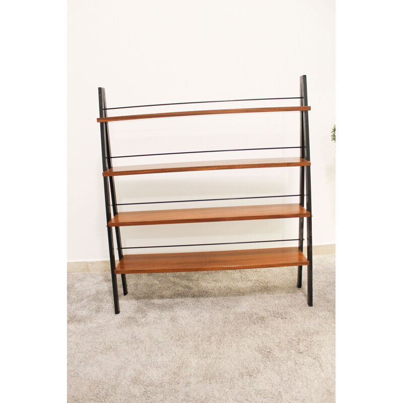 Scandinavian vintage teak and iron ladder shelves, Italy 1950s