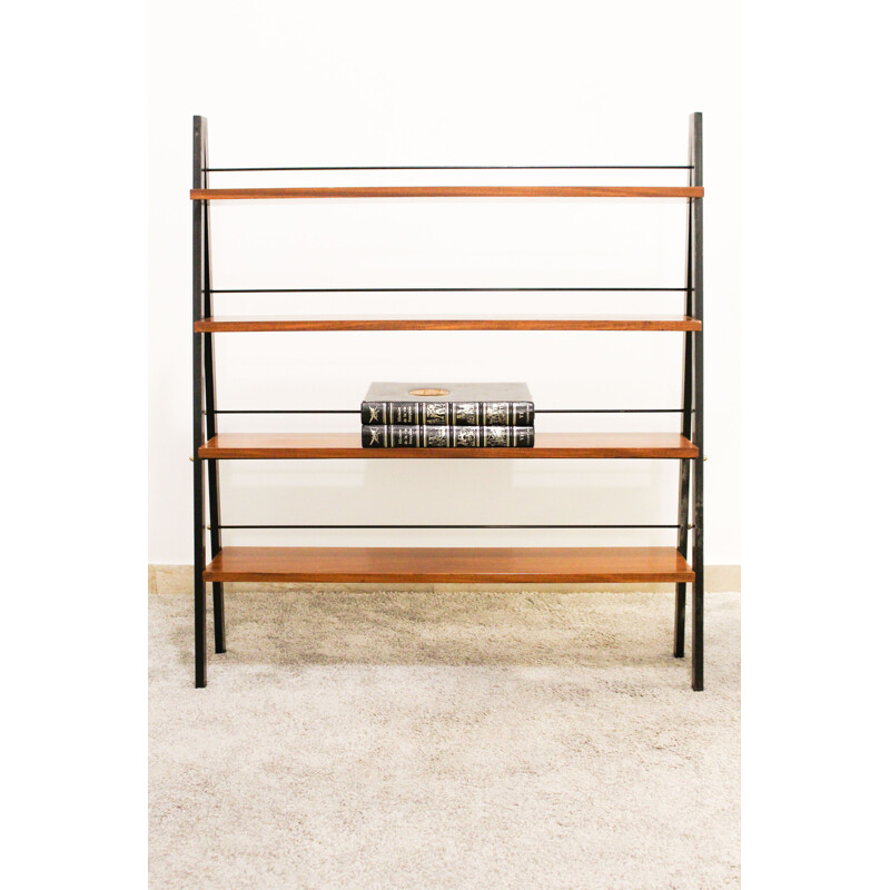 Scandinavian vintage teak and iron ladder shelves, Italy 1950s