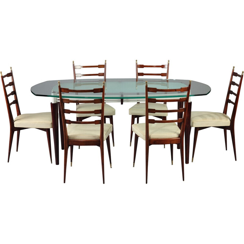 Set of dining table and 6 chairs in mahogany and glass - 1960s