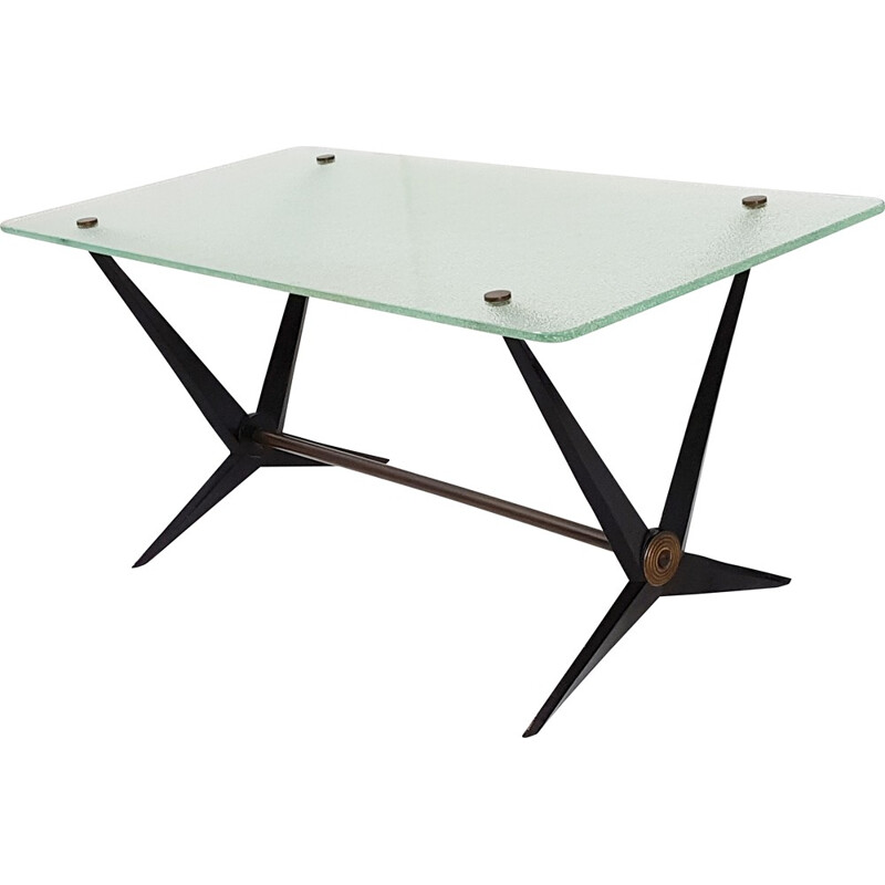 Italian coffee table in black lacquered steel and glass, Angelo OSTUNI - 1950s