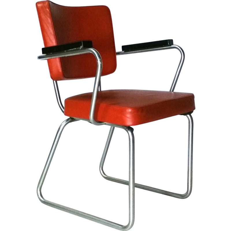 Suite de 4 chaises Gispen en métal et cuir rouge, Christoffel HOFFMANN - 1950 