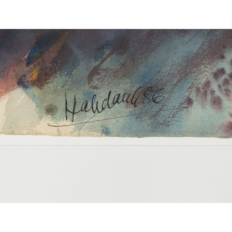 Aquarel op oud papier "Vulkanisch" door Walter Habdanik, 1986