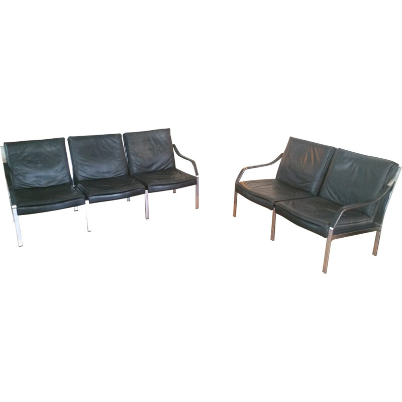 Seating group in metal and black leather, Walter KNOLL - 1970s