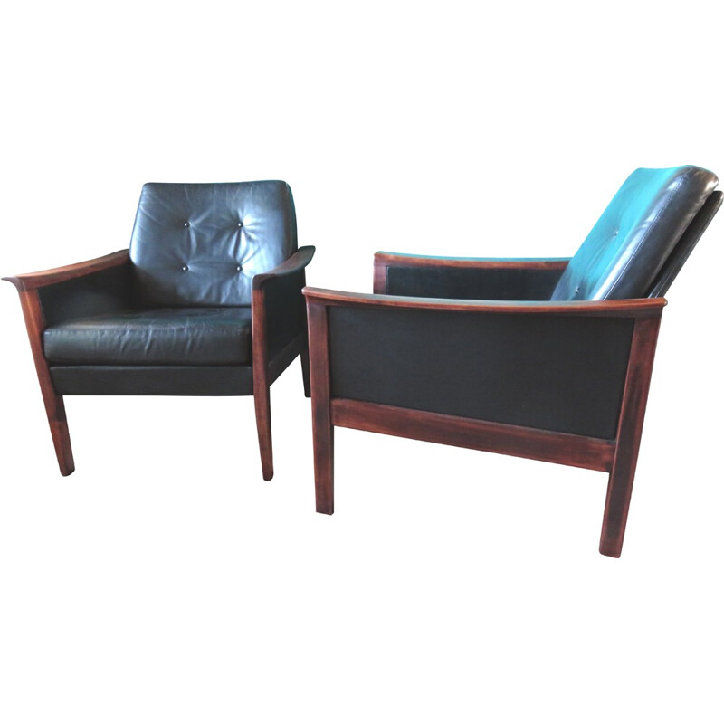 Pair of Danish armchairs in black leather and beech - 1960s