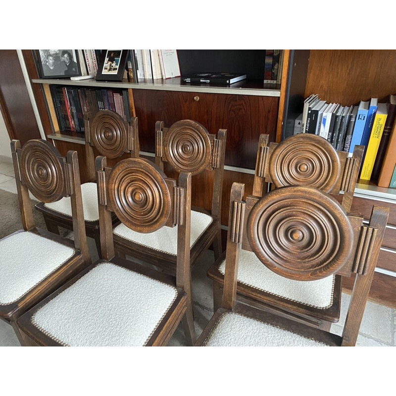 Set of 6 vintage art deco oak and wood chairs by Etienne Kohlmann, 1930