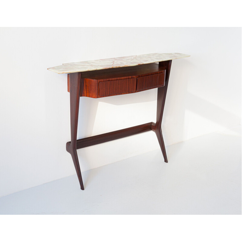 Table console vintage sculpturale en bois avec plateau en marbre, Italie 1950