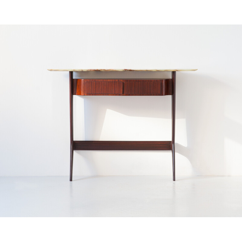 Sculptural vintage wood console table with marble top, Italy 1950s