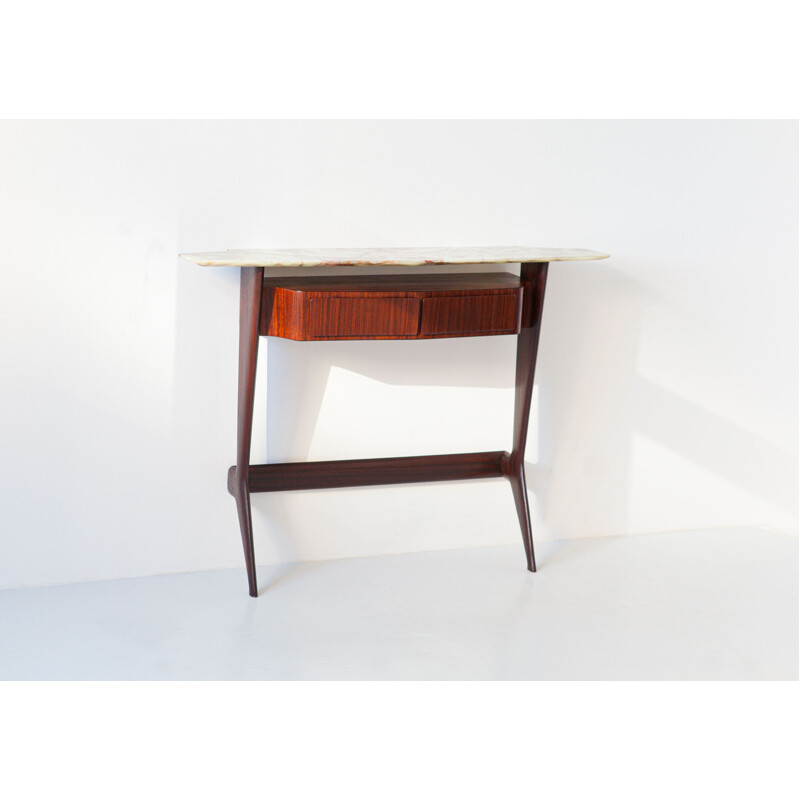 Sculptural vintage wood console table with marble top, Italy 1950s