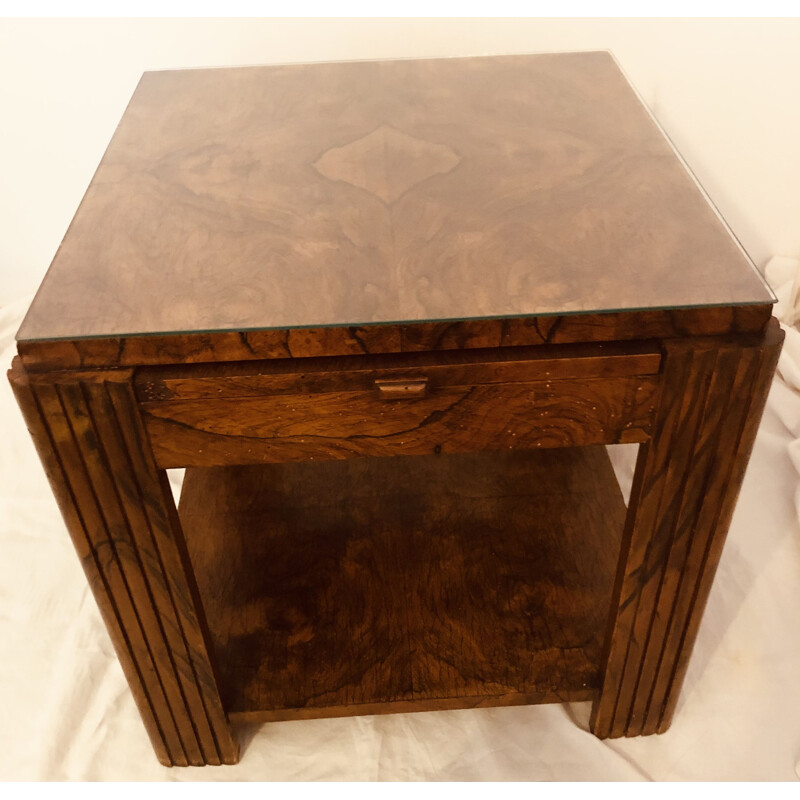 Vintage "Art Deco" table in solid oak with burl veneer