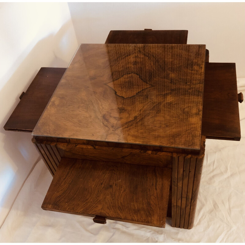 Vintage "Art Deco" table in solid oak with burl veneer