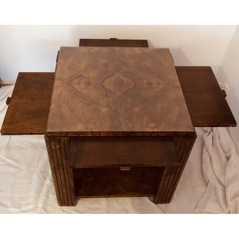 Vintage "Art Deco" table in solid oak with burl veneer