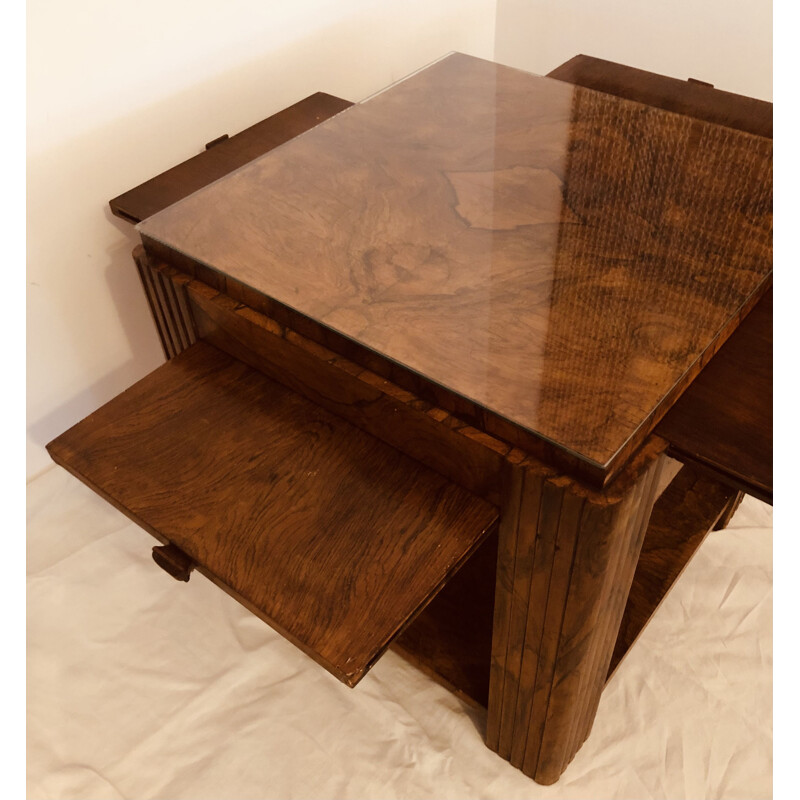 Vintage "Art Deco" table in solid oak with burl veneer