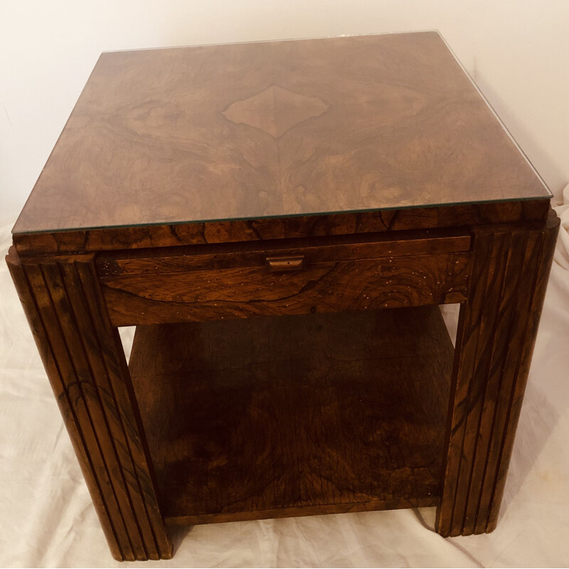 Vintage "Art Deco" table in solid oak with burl veneer