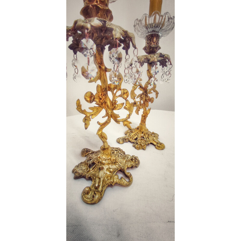 Pair of vintage bronze and crystal chandeliers, France 1940s