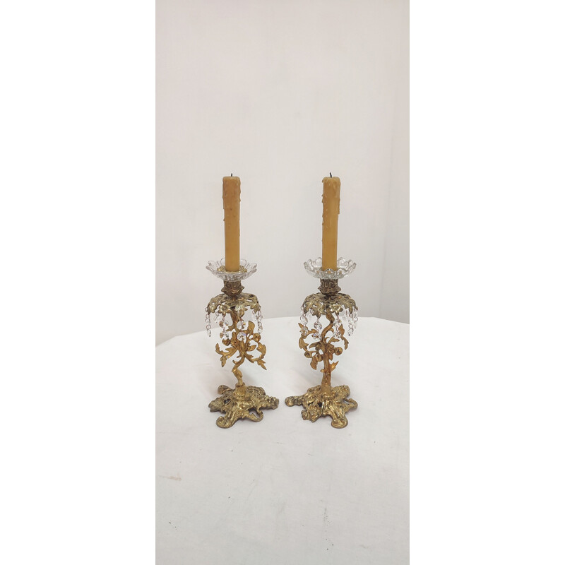 Pair of vintage bronze and crystal chandeliers, France 1940s