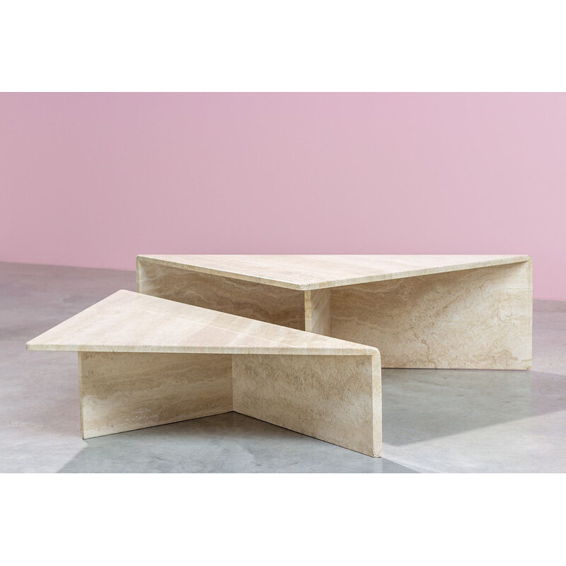 Pair of vintgae Up&Up architectural triangular travertine coffee tables
