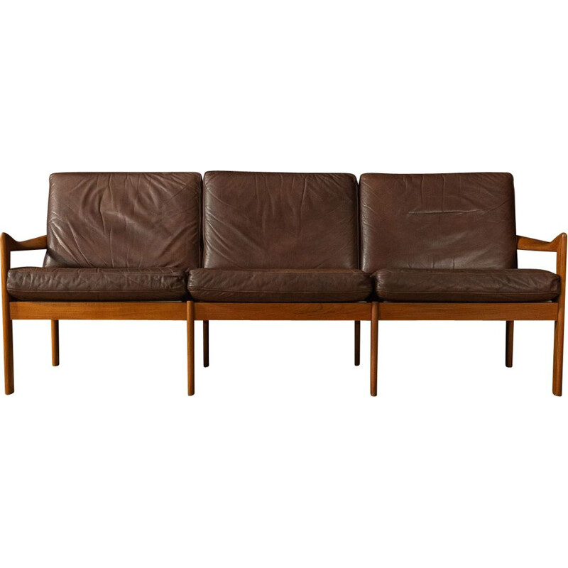 Vintage teak and leather sofa by Illum Wikkelsø for N. Eilersen As, Denmark 1960s